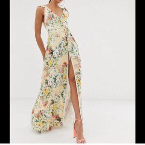 ASOS Butter Yellow Floral True Wrap Dress Sleeveless Ruffle Romantic 4 Tall New